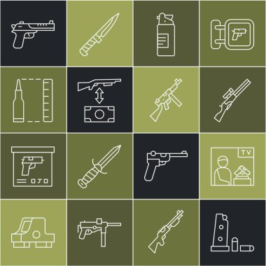 Set line Gun magazine and bullets, Advertising weapon, Hunting gun, Weapons oil bottle, Buying assault rifle, Bullet, Desert eagle and Tommy icon. Vector