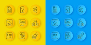 Set line Loading data window, Failed access cloud storage, Monitor with graph chart, Network connection, Cloud technology transfer, File document, hacking and  icon. Vector