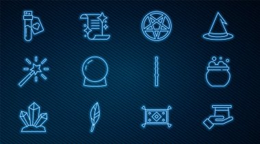 Set line Magician hat in hand, Witch cauldron, Pentagram circle, ball, wand, Bottle with love potion,  and Ancient magic book icon. Vector