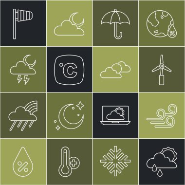Set line Cloud with rain and sun, Windy weather, turbine, Umbrella, Celsius, Storm, Cone windsock wind vane and Sun cloud icon. Vector