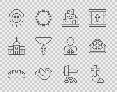Set line Bread loaf, Christian cross, Babel tower bible story, Dove, Religious in circle, on chain, Crucifixion of Jesus and Stained glass icon. Vector