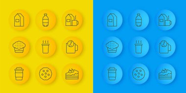 Set line Cup of tea, Muffin, Piece cake, Tea time, Paper package for milk, with and Bottle water icon. Vector