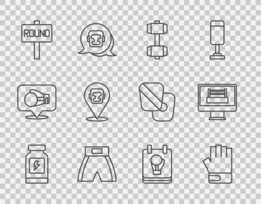 Set line Energy drink, MMA glove, Dumbbell, Boxing short, ring board, helmet,  and  icon. Vector