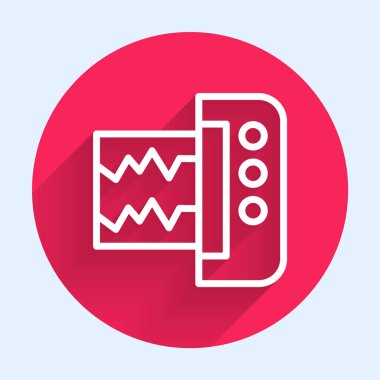 Beyaz çizgi sismograf simgesi uzun gölge arkaplanı ile izole edildi. Deprem analog sismografı. Kırmızı daire düğmesi. Vektör