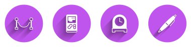 Set Rope barrier, Portable video game console, Antique clock and Pen icon with long shadow. Vector