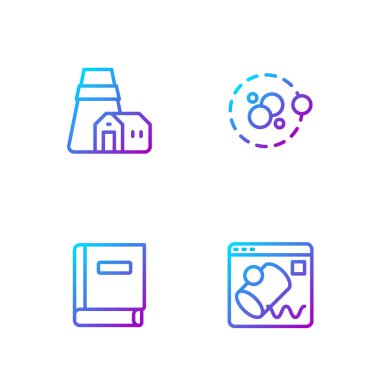 Set line Data visualisation, Science book, Power station plant and Atom. Gradient color icons. Vector