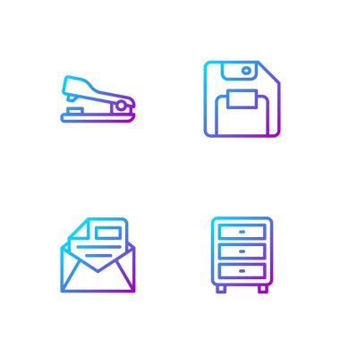 Set line Archive papers drawer, Mail and e-mail, Stapler and Floppy disk. Gradient color icons. Vector