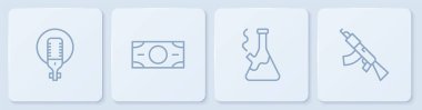 Set line Microphone, Glass bong for smoking marijuana, Stacks paper money cash and Submachine gun. White square button. Vector