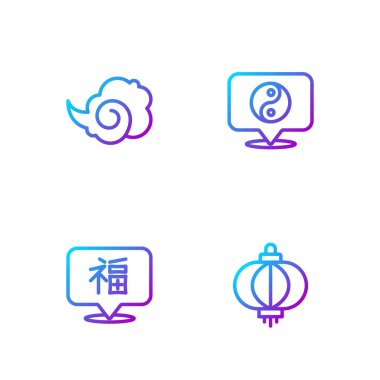 Set line Chinese paper lantern, New Year, Magic fog or smoke and Yin Yang symbol. Gradient color icons. Vector