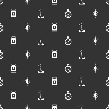 Set Stopwatch Punching bag Energy drink and Sport boxing shoes on seamless pattern. Vector.