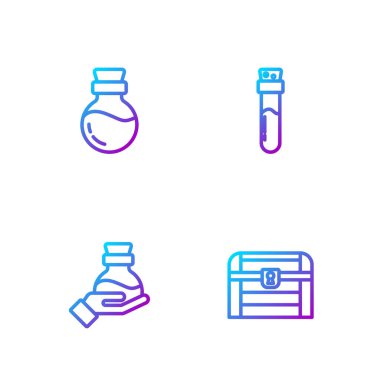 Set line Antique treasure chest, Bottle with potion, and . Gradient color icons. Vector.