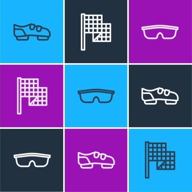 Set line Bicycle shoes, Sport cycling sunglasses and Checkered flag icon. Vector.