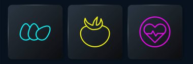 Set line Chicken egg Heart rate and Tomato. Black square button. Vector.