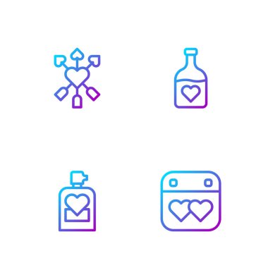 Set line Calendar with heart Perfume Amour and arrow and Bottle love potion. Gradient color icons. Vector.