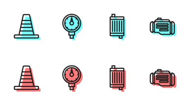 Set line Car radiator cooling system Traffic cone Tire pressure gauge and Check engine icon. Vector.