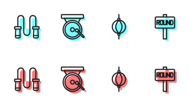 Set line Punching bag Jump rope Boxing gong and ring board icon. Vector.