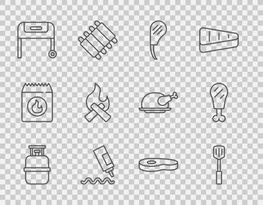 Set line Propane gas tank, Barbecue spatula, Rib eye steak, Sauce bottle, grill, Campfire, Steak meat and Chicken leg icon. Vector