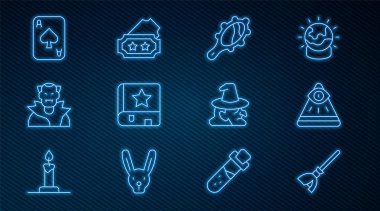 Set line Witches broom, Masons, Magic hand mirror, Ancient magic book, Vampire, Playing cards,  and Ticket icon. Vector