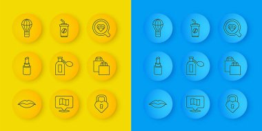 Set line Smiling lips, Lipstick, Perfume, Castle the shape of heart, Paper shopping bag, Hot air balloon, Coffee cup and to go icon. Vector