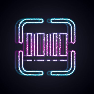 Parlayan neon hattı tarayıcısı siyah arkaplanda izole edilmiş barkod simgesini tarıyor. Barkod etiketi. Parmaklıklı teslimat için kimlik. Vektör.