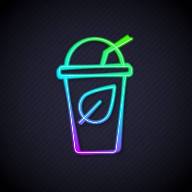 Siyah zemin üzerinde yaprak simgesi olan parlak neon çizgili çay bardağı. Tatlı doğal yemek. Vektör