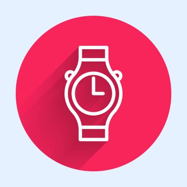 Beyaz çizgi bilek izleme simgesi uzun gölge arkaplan izole. Kol saati simgesi. Kırmızı daire düğmesi. Vektör