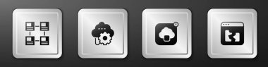Set Hierarchy organogram chart, Cloud technology data transfer,  and Broken file icon. Silver square button. Vector