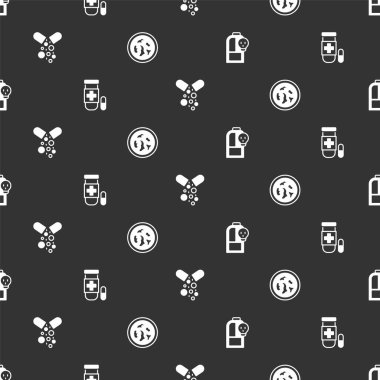 Set Beaker with toxic liquid, Antidote, Poisoned pill and Petri dish bacteria on seamless pattern. Vector