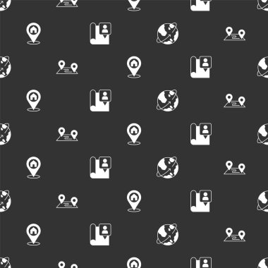 Set Satellites orbiting the Earth, Route location, Location with house and Folded map marker on seamless pattern. Vector