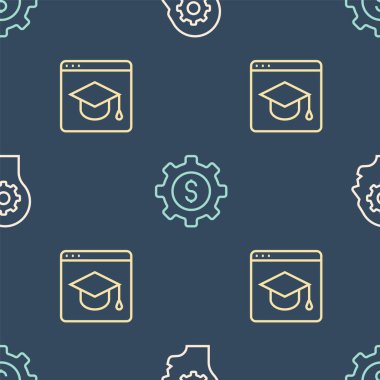 Set line Human head with gear inside, Online education and Gear dollar on seamless pattern. Vector