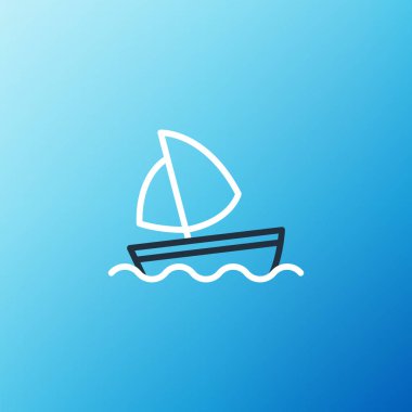 Line Yat yelkenlisi ya da yelkenli gemi ikonu mavi arka planda izole edilmiş. Yelkenli deniz seyahati. Renkli taslak konsepti. Vektör