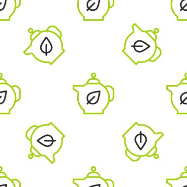 Line Teapot with leaf icon isolated seamless pattern on white background.  Vector