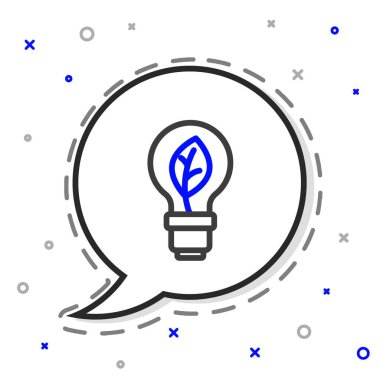 Beyaz arkaplanda yaprak simgesi olan çizgi lambası. Çevre enerjisi kavramı. Alternatif enerji kavramı. Renkli taslak konsepti. Vektör