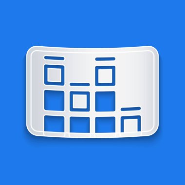 Kağıt kesimi Müzik eşitleyici simgesi mavi arkaplanda izole edildi. Ses dalgası. Ses dijital dengeleyici teknolojisi, konsol paneli, nabız müzikali. Kağıt sanatı tarzı. Vektör.