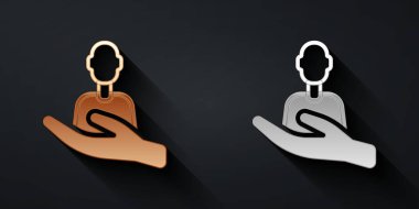 Gold and silver Caring for people icon isolated on black background. Customer service sign. Patient care icon. Service support. Long shadow style. Vector.