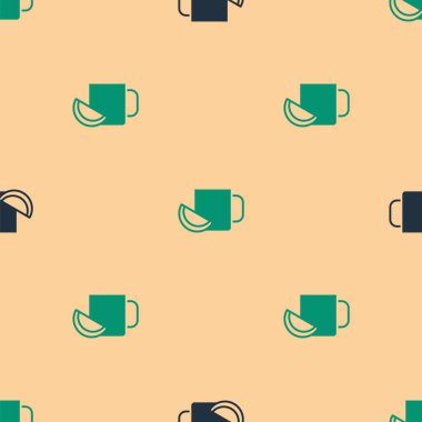 Limon ikonlu yeşil ve siyah çay fincanı bej arka planda izole edilmiş pürüzsüz desen. Vektör