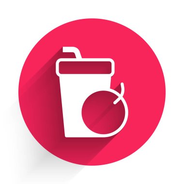 White Fresh smoothie icon isolated with long shadow background. Red circle button. Vector