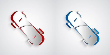 Kağıt kesiği kaykay simgesi gri arkaplanda izole edildi. Olağanüstü bir spor. Spor malzemeleri. Kağıt sanatı tarzı. Vektör