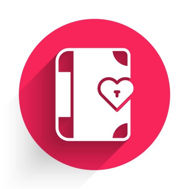 White Love diary notebook album icon isolated with long shadow background. Happy Valentines day. Red circle button. Vector