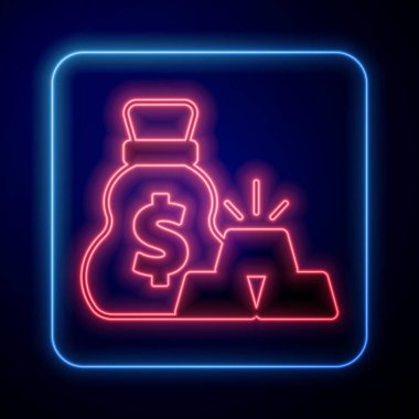 Siyah arkaplanda izole edilmiş parlak neon renkli altın külçeler. Altın külçeli çuval. Vektör