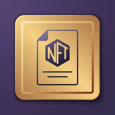 Purple NFT contract icon isolated on purple background. Non fungible token. Digital crypto art concept. Gold square button. Vector
