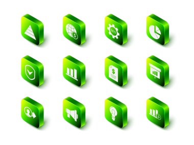 Set Earth globe with dollar, Seo tag gear wheel, Pie chart infographic, Graph, chart, diagram,, and, Contract money, Light bulb concept of idea and Megaphone icon. Vector