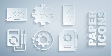 Set Gear and arrows as workflow, Setting on smartphone, Multimeter, Document settings pen,  and Laptop gear icon. Vector