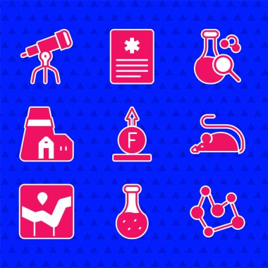 Set Force of physic formula, Test tube, Chemical, Experimental mouse, Graph chart infographic, Power station plant,  and Telescope icon. Vector