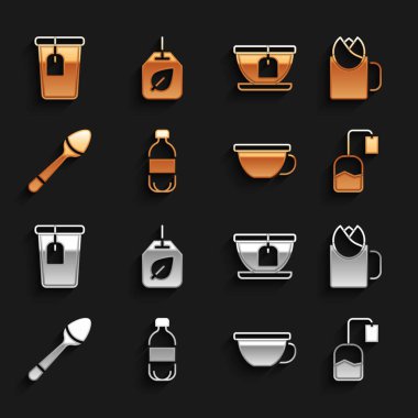Set Bottle of water, Cup tea with rose, Tea bag, Teaspoon,  and leaf icon. Vector