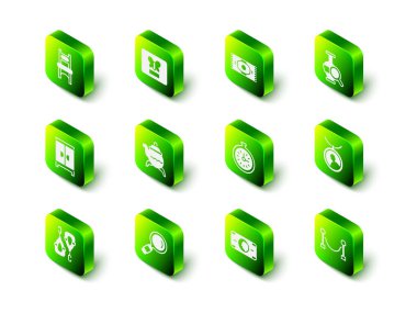 Set Butterfly in a frame, Classic carpet, Ancient amphorae, Locket on necklace, Rope barrier, Pocket watch, Stacks paper money cash and Magnifying glass icon. Vector