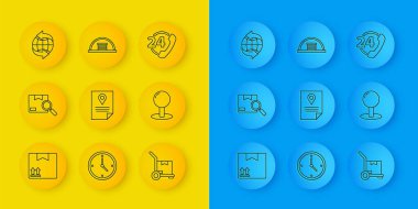 Set line Cardboard box with traffic symbol, Search package, Document tracking marker system, Hand truck and boxes, Push pin, Worldwide, Telephone 24 hours support and Hangar icon. Vector