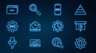 Set line Human with gear inside, diagram, infographic, Mobile phone SEO optimization, Laptop, Seo tag wheel, Website template, Time Management and Magnifying glass for search people icon. Vector