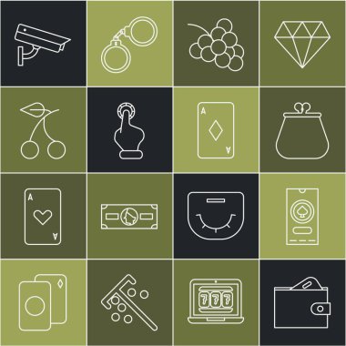 Set line Wallet with money, Casino poker tournament invitation, slot machine grape, Hand holding casino chips, cherry, Security camera and Playing card diamonds icon. Vector