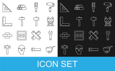 Set line Shovel, Wrench spanner, Road barrier, Paint brush, Hammer, Corner ruler, Triangular and  icon. Vector